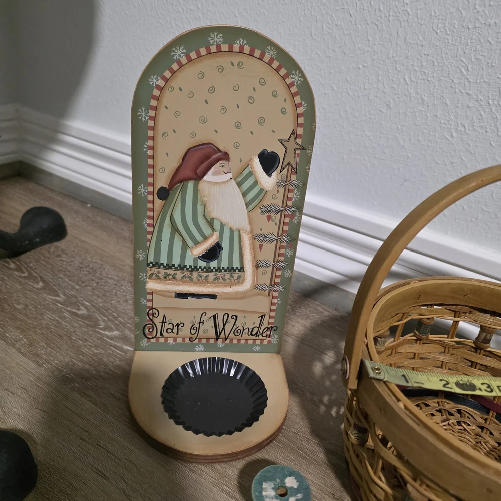 Primitive Set Checkered Fabric Top Sewing Basket with Wooden Spool Theme.